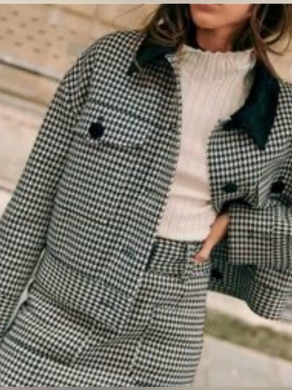 Sezane Erwann Black & White Houndstooth Cropped Blazer